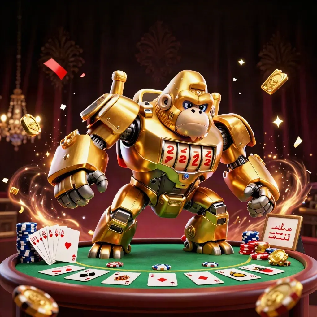Golden gorilla mech with monkey pilot, poker chips, cards, and jackpot energy in a luxe casino scene.