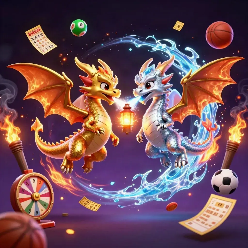 Gold and silver dragons swirl with fire and ice amid jackpot icons and casino lights.