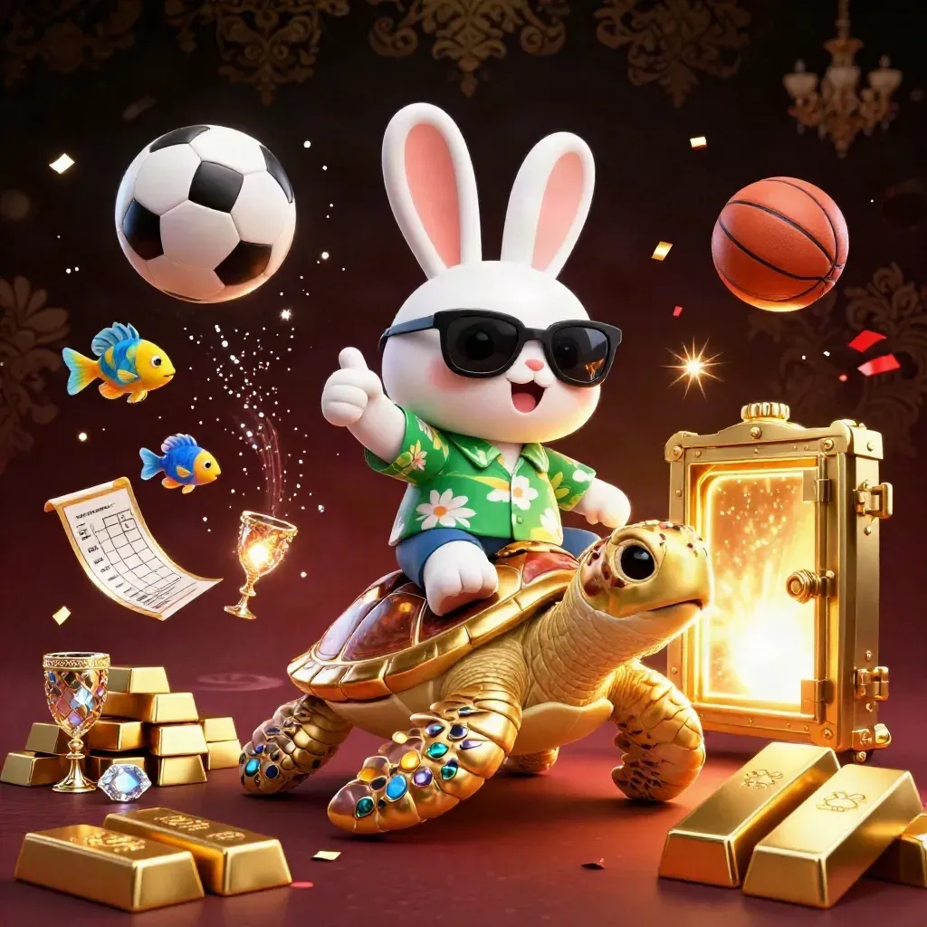 Cartoon rabbit on gem turtle amid gold vault, balls, gems, fireworks, and casino sparkles.