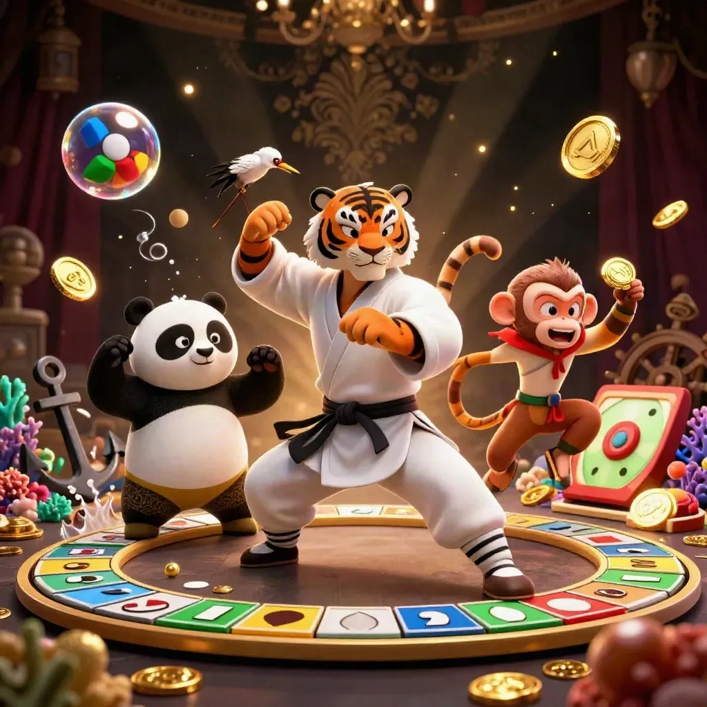 Tiger, panda, and monkey pose in a luxe casino treasure cove with gold coins and coral.