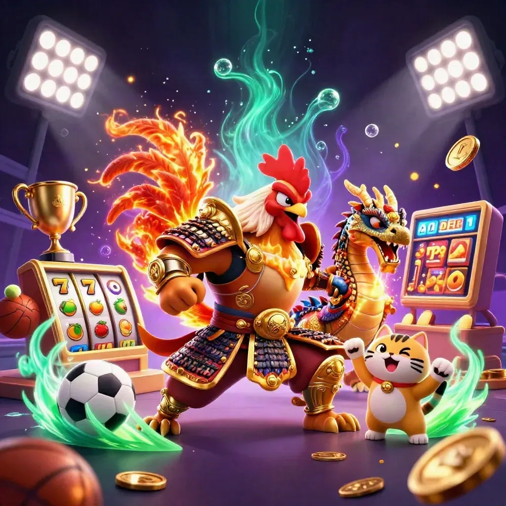 Rooster warrior, dragon hatchling, and cheering cat amid jackpot game bursts and neon lights.