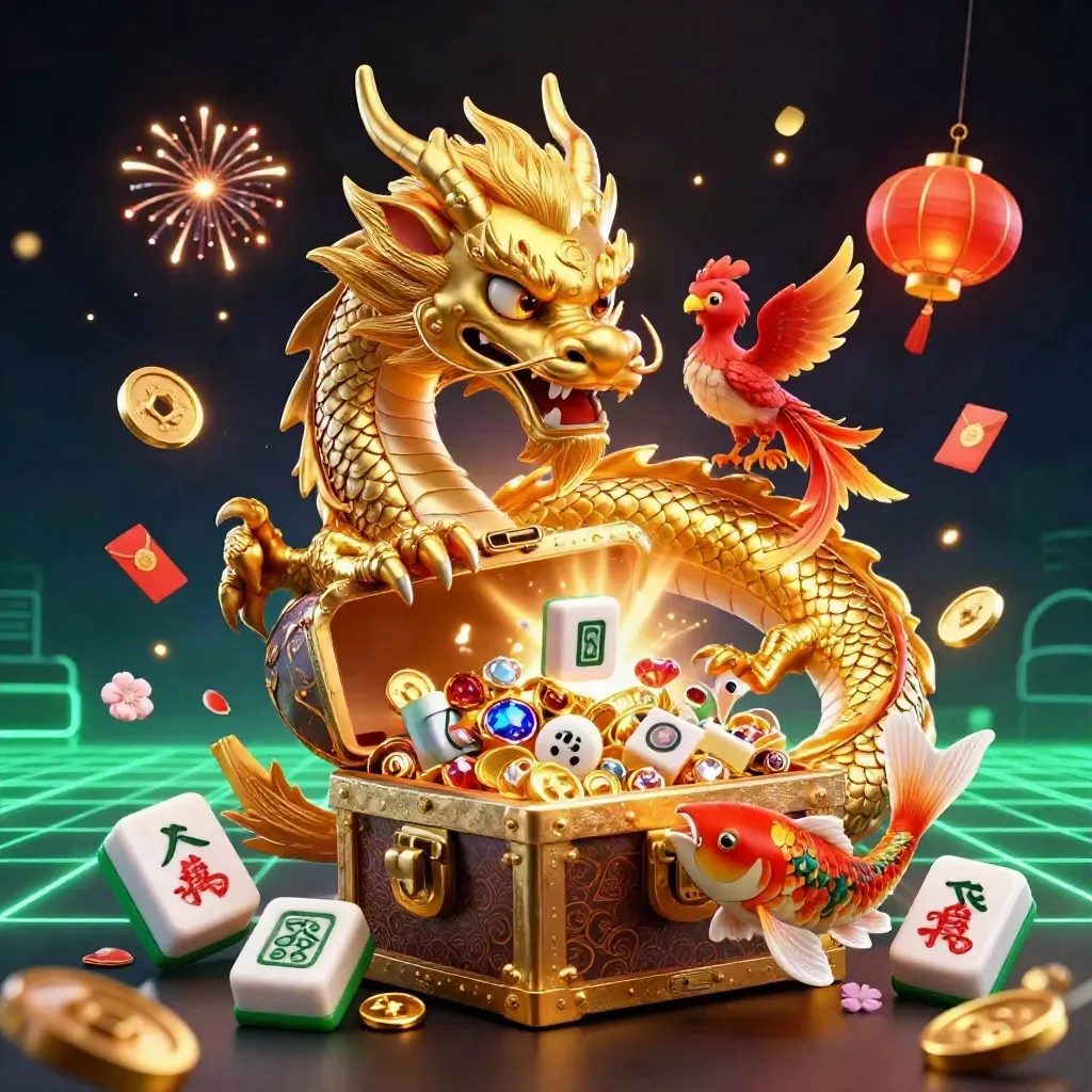 Golden dragon, phoenix, and koi burst amid poker-jackpot treasure and neon casino effects.