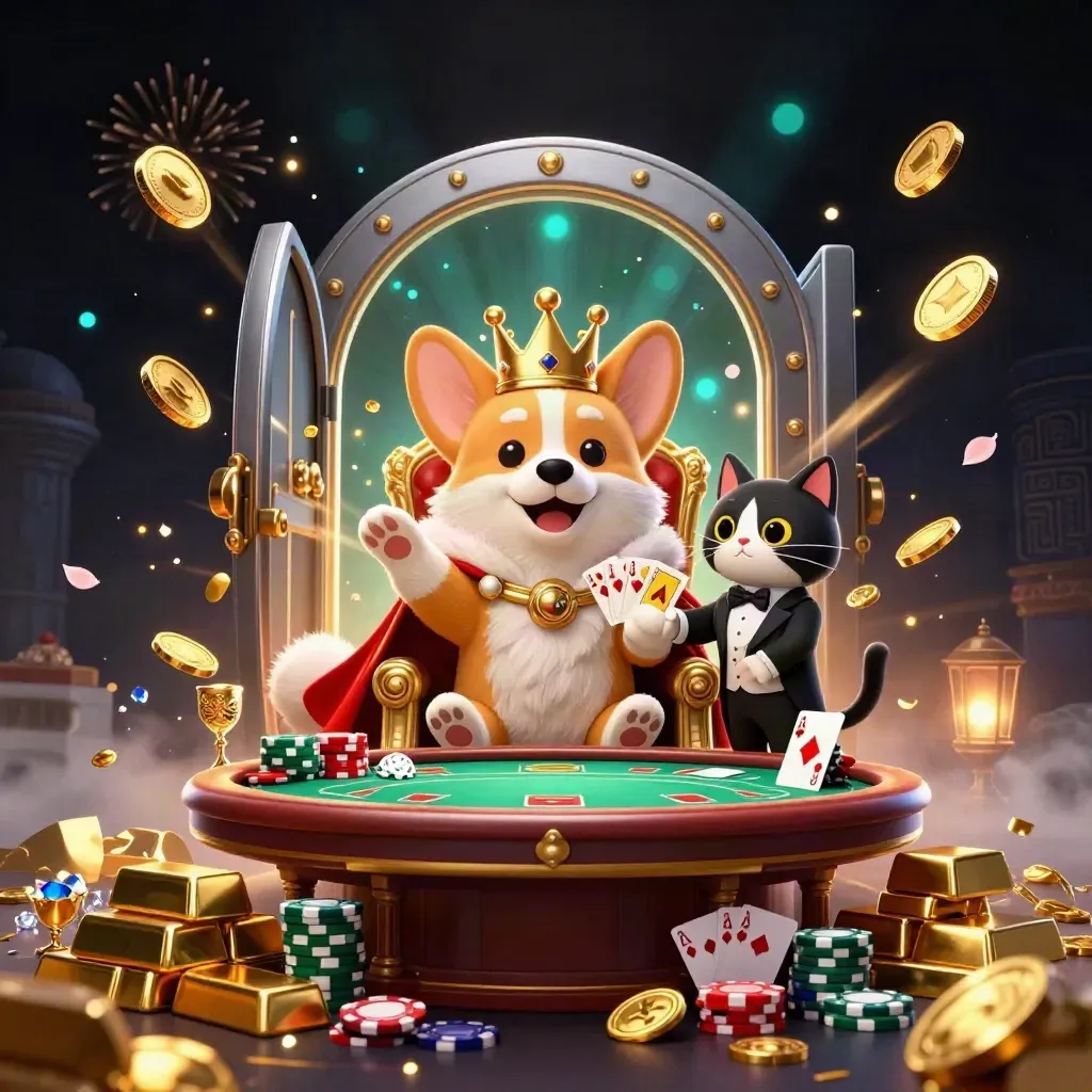 Royal corgi and cat butler amid bursting vault treasure, poker chips, coins, and fireworks.