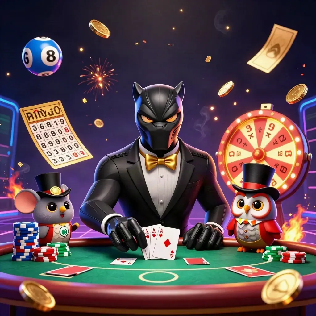 Panther, owl, and mouse deal cards amid chips, coins, fireworks, and jackpot casino glow.