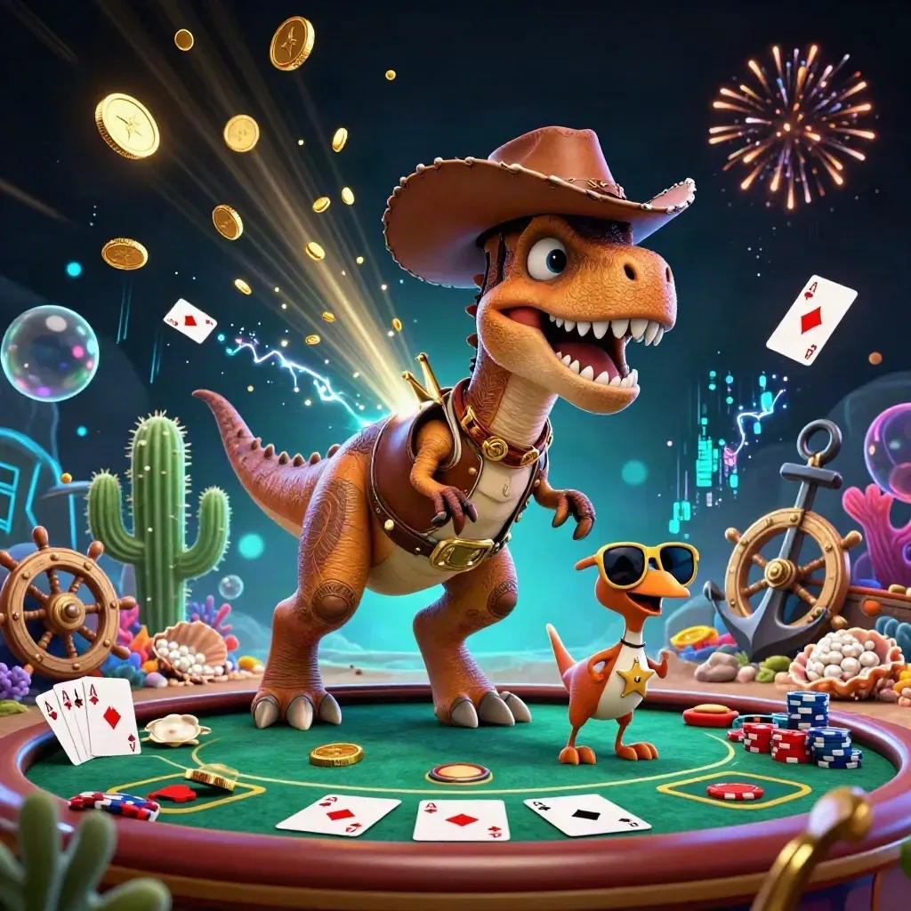 Cowboy T-Rex, cactus, and roadrunner amid coins, coral, chips, and fireworks